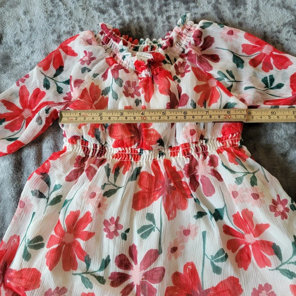 Carter's Floral Dress Baby Girls 3M White Red Excellent Long Sleeve Chiffon 724